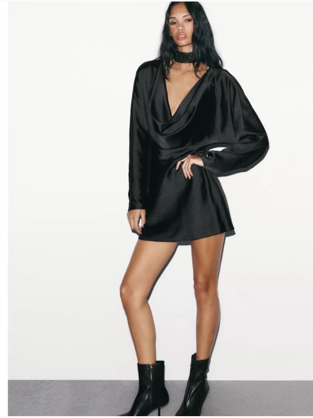 Zara Black Satin Mini Dress with Draped Neckline